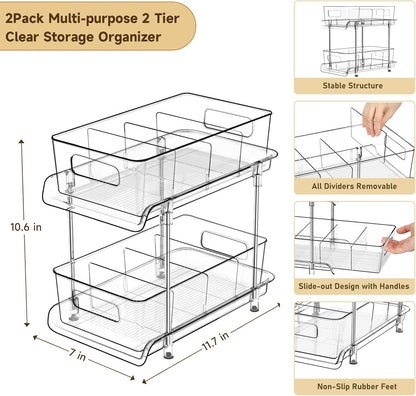 HIHEGD 2-Tier Bathroom Organizer with Dividers, Clear Under Sink and Pull-Out Cabinet Organizer for Kitchen and Pantry Storage