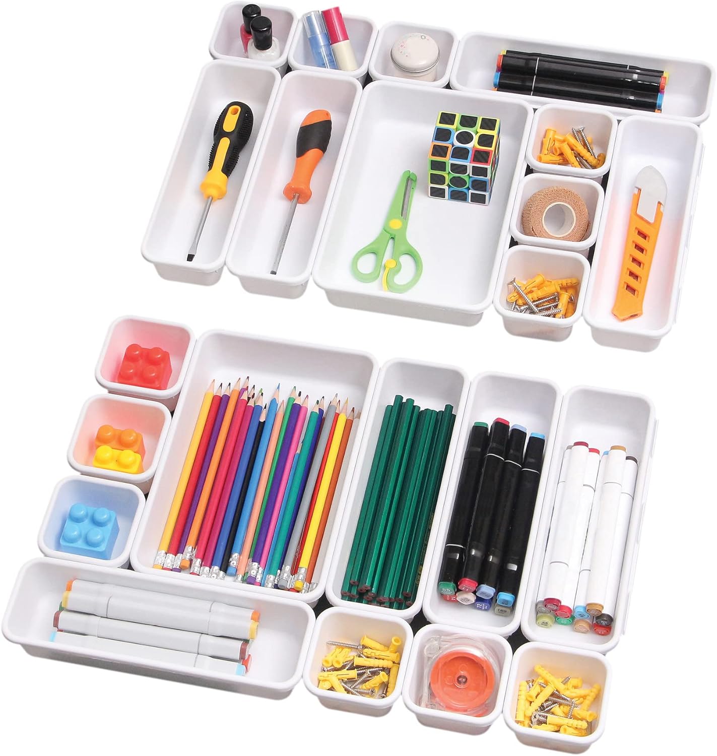 Set of 22 Interlocking Desk Drawer Organizer Tray Dividers Plastic Shallow Narrow Drawers Organizers Separators and Storage Bins Container for Kitchen Bathroom Makeup Office Vanity Bedroom Dresser