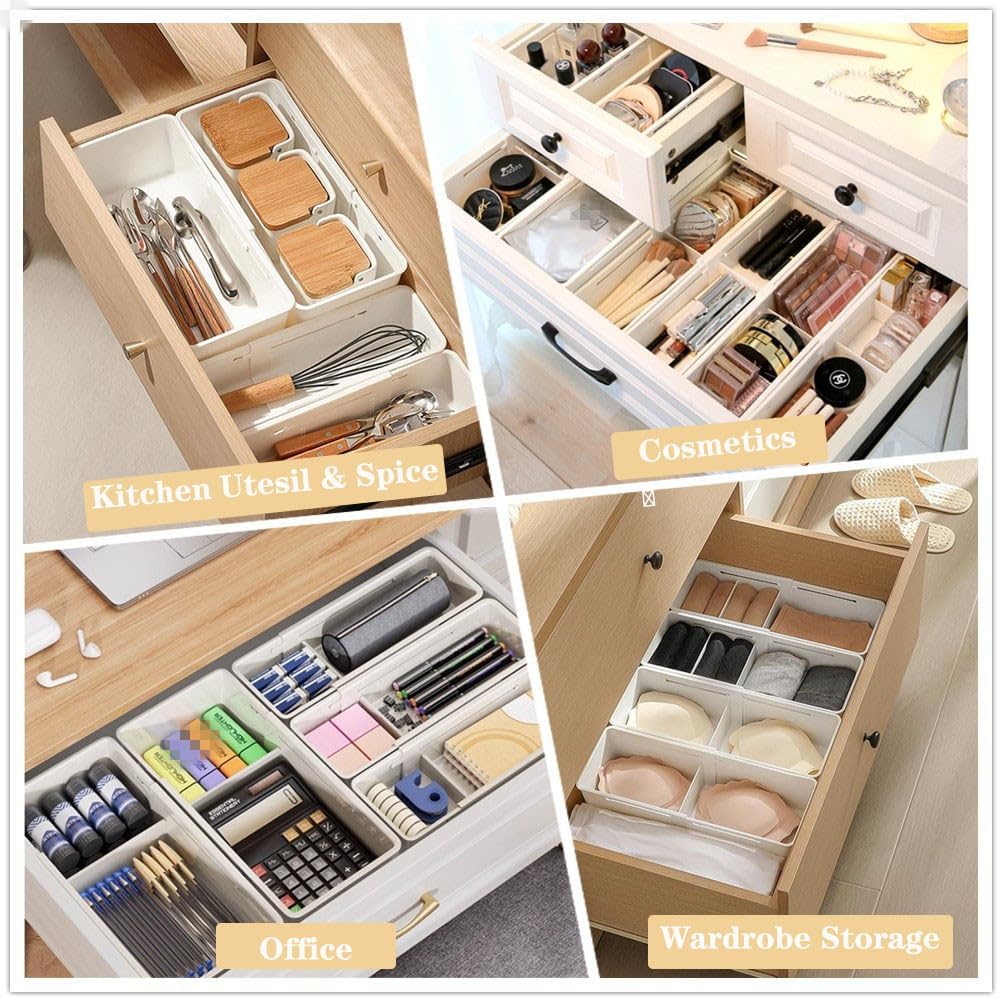 Expandable Storage Drawer Organizers Sliding Bin Plastic Desk Drawer Trays with Removable Dividers Adjustable Makeup Storage Bins for Bedroom, Bathroom, Clothes, Kitchen Utensil (Large)