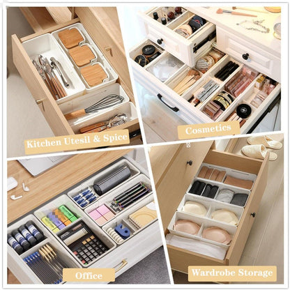 Expandable Storage Drawer Organizers Sliding Bin Plastic Desk Drawer Trays with Removable Dividers Adjustable Makeup Storage Bins for Bedroom, Bathroom, Clothes, Kitchen Utensil (Large)
