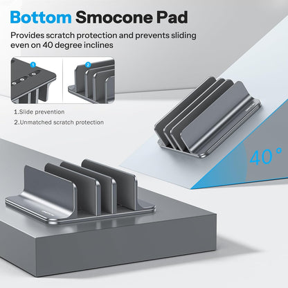 OMOTON Vertical Laptop Stand [Updated 3-Slots Version], Desktop Aluminum Mac Book Stand with Adjustable Dock Size, Fits All Mac Book, Chrome Book and Gaming Laptops (Up to 17.3 inch), Starlight