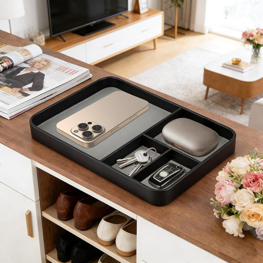 Valet Tray for Men, PU Leather Desk & Nightstand Organizer - Two-Toned Catch All Tray for Keys, Wallet, Watch, Jewelry and EDC Gear (black)