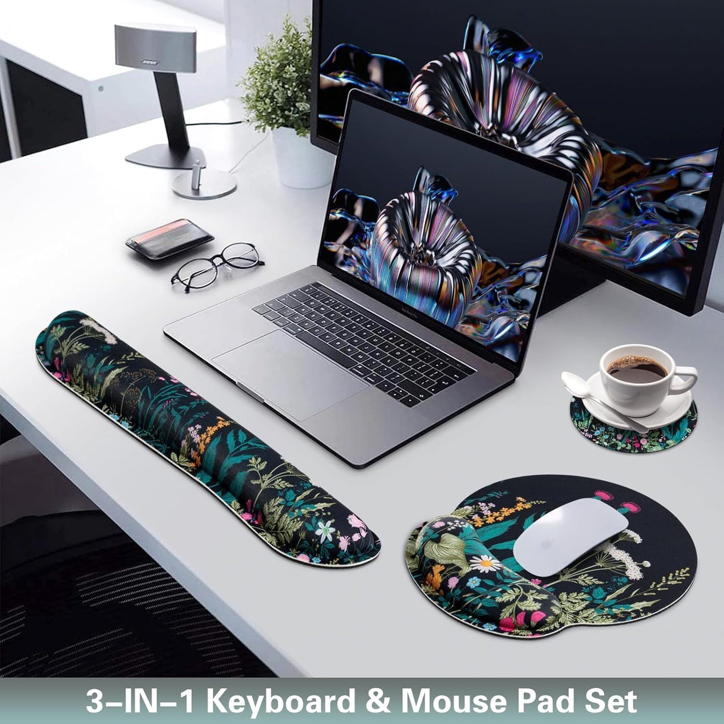 Mouse Pad with Wrist Rest Set, Qomolama 3-in-1 Wrist Support Mouse Pad Set, Floral Gaming Mousepad with Anti-Skid Base,Ergonomic Mouse Pad,Memory Foam Keyboard Gel Wrists Rest
