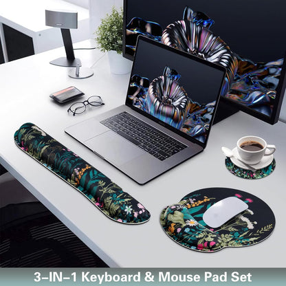 Mouse Pad with Wrist Rest Set, Qomolama 3-in-1 Wrist Support Mouse Pad Set, Floral Gaming Mousepad with Anti-Skid Base,Ergonomic Mouse Pad,Memory Foam Keyboard Gel Wrists Rest