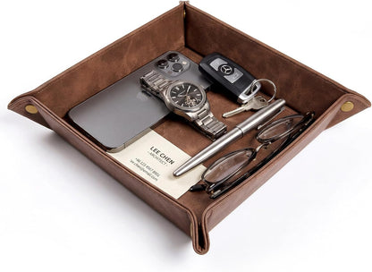 CoBak Leather Valet Tray for Men, Premium PU Leather Catch-All Tray for Entryway Table Key, Phone, Wallet, Coins & Jewelry, Bedside Nightstand Desk-top Catchall (Gray)