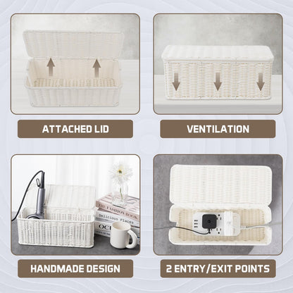 Cable Management Box, Handmade Rattan Cable Organizer with 2 Open Slots, Cord Hider for Power Strip, Router & USB Hub, Registered U.S. Design Patent (D1,112,102), 13" x 5.1" x 5.1", Natural