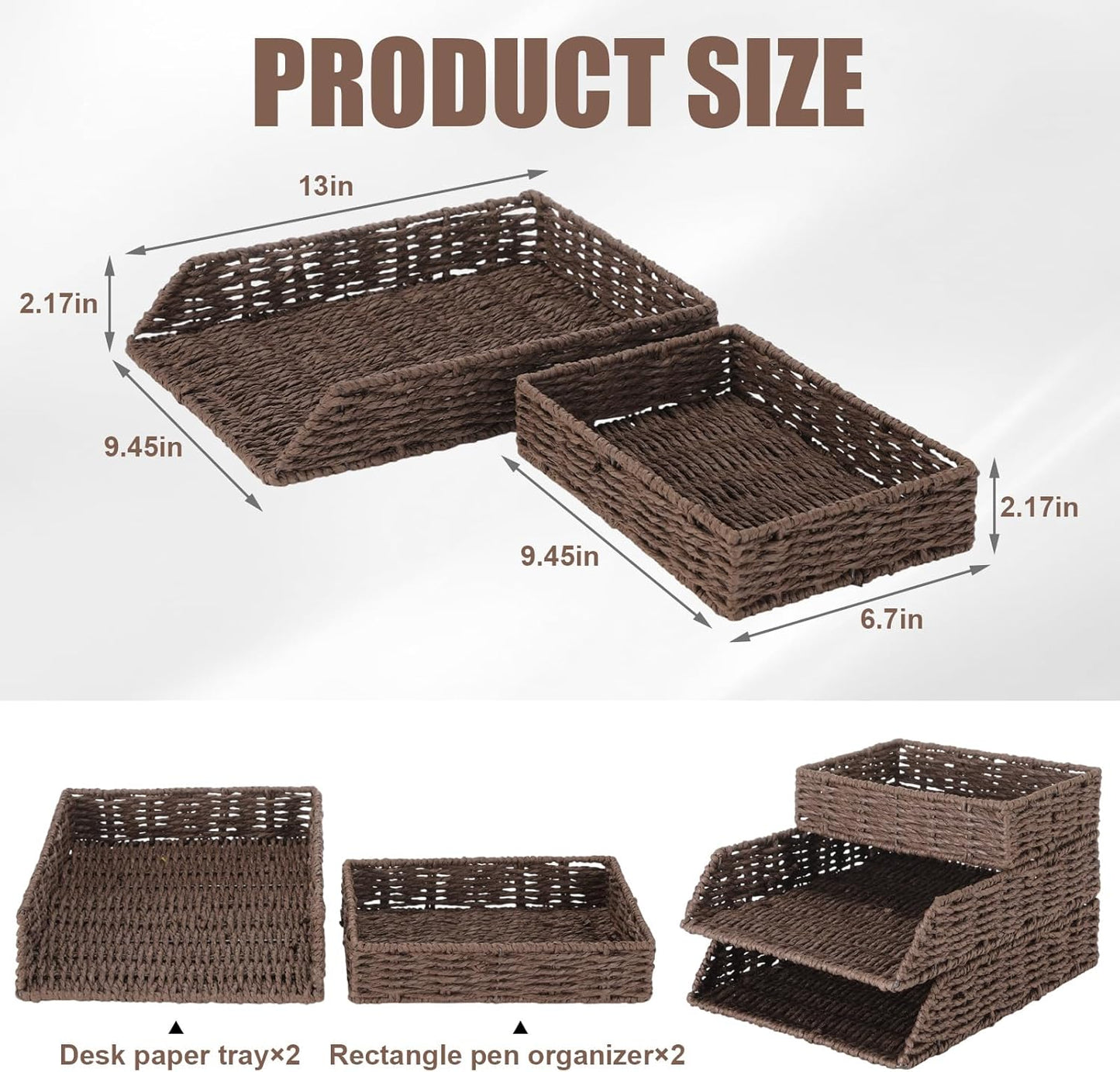 Geelin 3 Pack Water Hyacinth Woven Stackable Desk Organizer Letter Tray, Brown Tabletop Desk Basket for Storage Paper Letter Folders Notebooks Copy Print, Workspace Holder