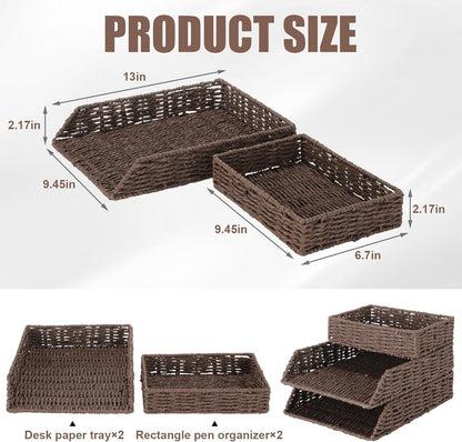 Geelin 3 Pack Water Hyacinth Woven Stackable Desk Organizer Letter Tray, Brown Tabletop Desk Basket for Storage Paper Letter Folders Notebooks Copy Print, Workspace Holder