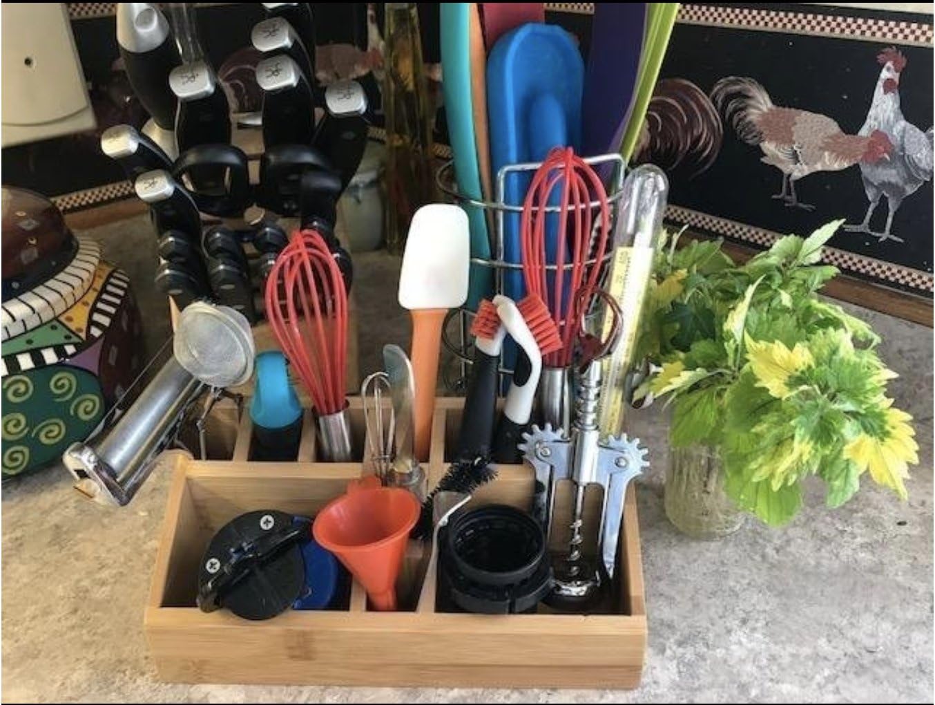 Small Multifunctional Bamboo Organizer | Desk Caddy | Home Office Accessory Tray | School Art Supply Holder | Pen Pencil Brush Compartment | Kitchen Bathroom Countertop Storage