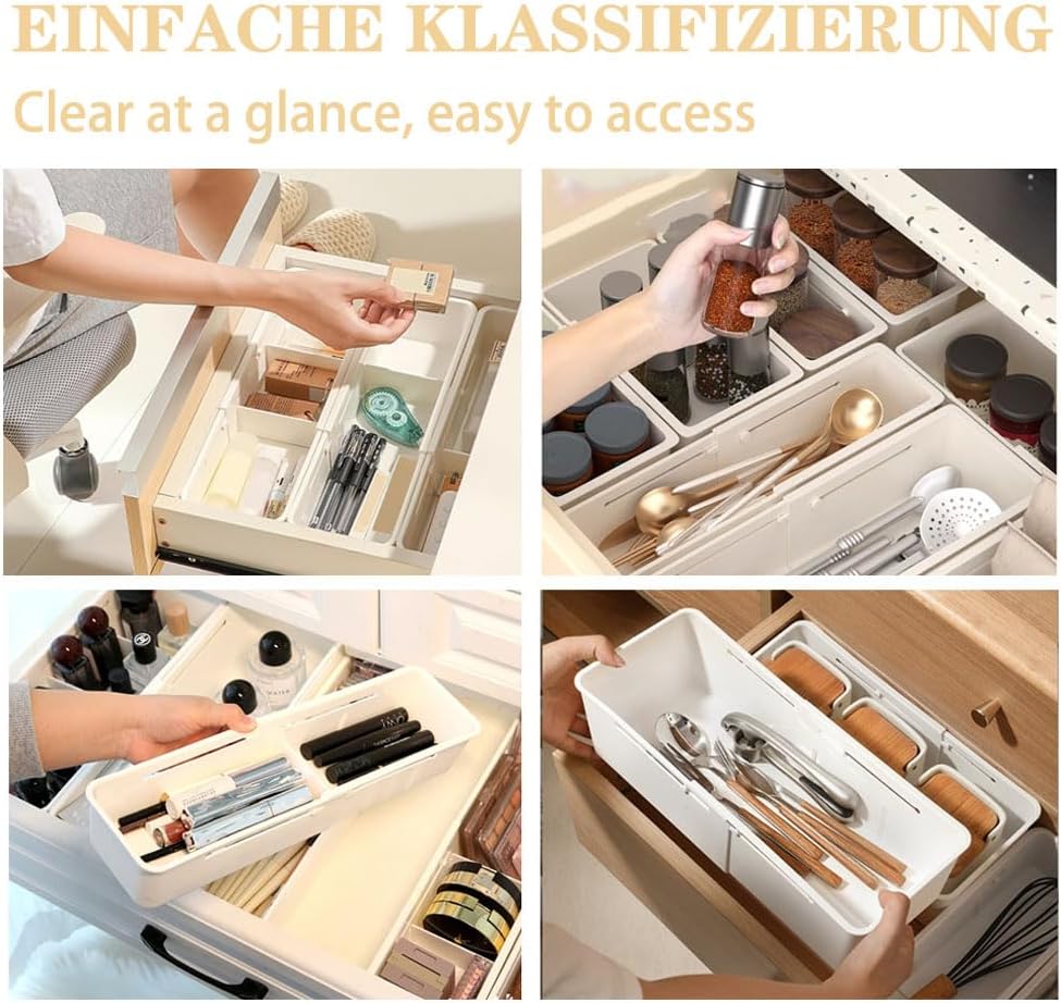 Expandable Storage Drawer Organizers Sliding Bin Plastic Desk Drawer Trays with Removable Dividers Adjustable Makeup Storage Bins for Bedroom, Bathroom, Clothes, Kitchen Utensil (Large)