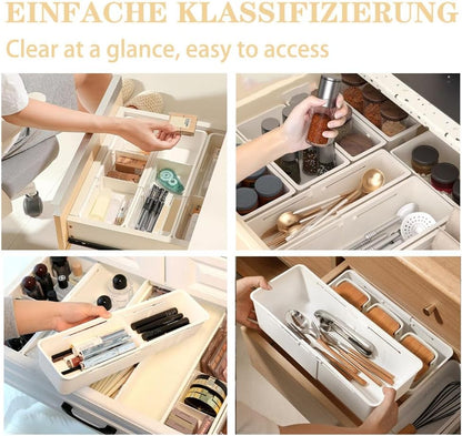 Expandable Storage Drawer Organizers Sliding Bin Plastic Desk Drawer Trays with Removable Dividers Adjustable Makeup Storage Bins for Bedroom, Bathroom, Clothes, Kitchen Utensil (Large)