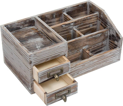 Liry Products Rustic Wooden Desktop Organizer Office Supplies Brown Tabletop Storage Cabinet Stepped Rack Multiple Compartments 2 Tier Drawers Makeup Accessory Jewelry Sorter Display Box Home Office