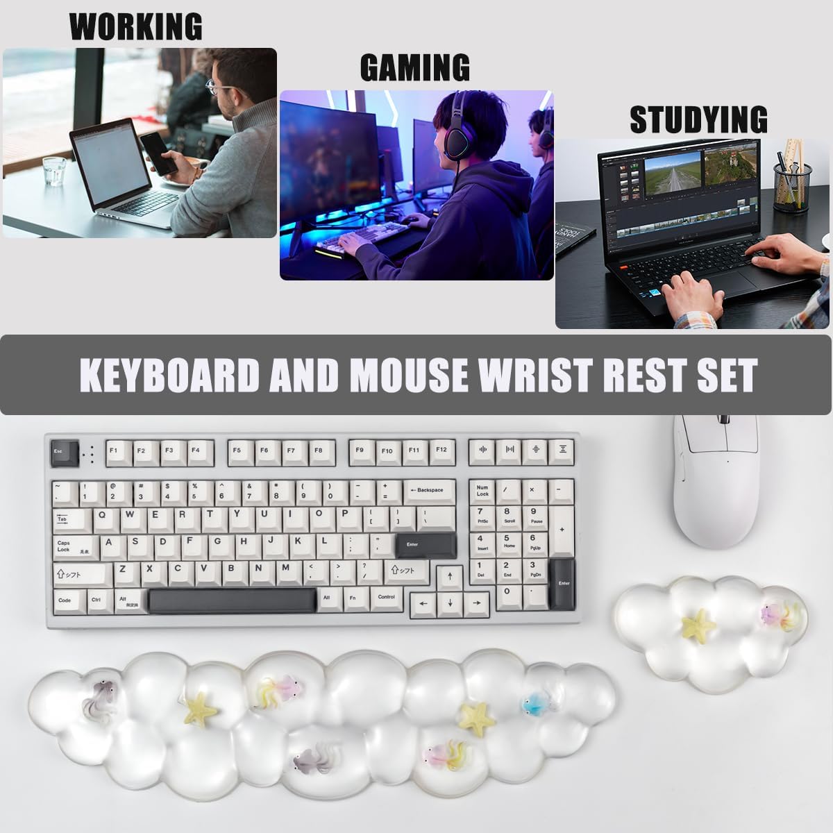 Gel Keyboard and Mouse Wrist Rest Set – Cute Clear Cloud Wrist Rest for Computer Keyboard 60%/68%/75%, Comfort & Support for Typing and Gaming