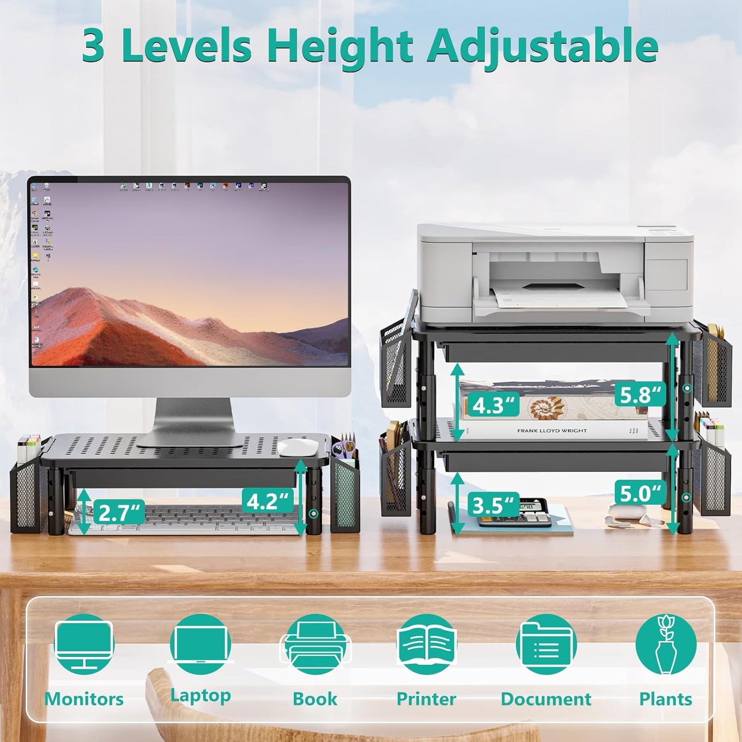 WALI Computer Monitor Stand with Storage, Desk Monitor Riser 3 Height Adjustable, Laptop Riser with Airflow Vents, Desk Organizer for Computer, Laptop, Printer (PTT002-B), 1 Pack, Black