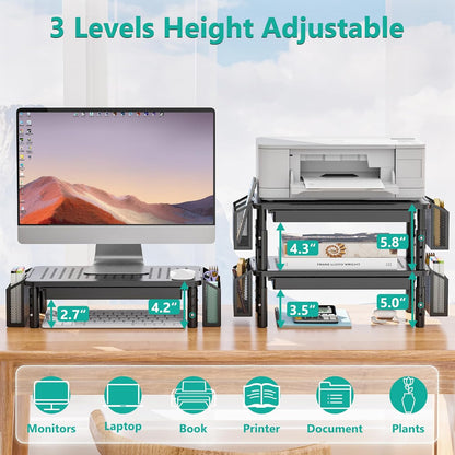 WALI Computer Monitor Stand with Storage, Desk Monitor Riser 3 Height Adjustable, Laptop Riser with Airflow Vents, Desk Organizer for Computer, Laptop, Printer (PTT002-B), 1 Pack, Black