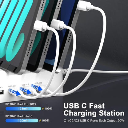 MSTJRY 90W 6-Port USB C Fast Charging Station for Multiple Devices, Multi PD Charger Station for iPhone iPad Tablet Phone, Charging Dock Organizer with Adjustable Dividers for Home Office Classroom