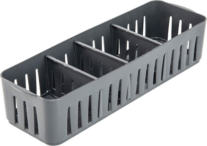 Simplify 4 Compartment Stackable Bin with Adjustable Dividers | Drawer Organizer | Storage Basket | Good for Office | Desk Supplies | Dorm |Bathroom | Accessories | Make Up | Grey