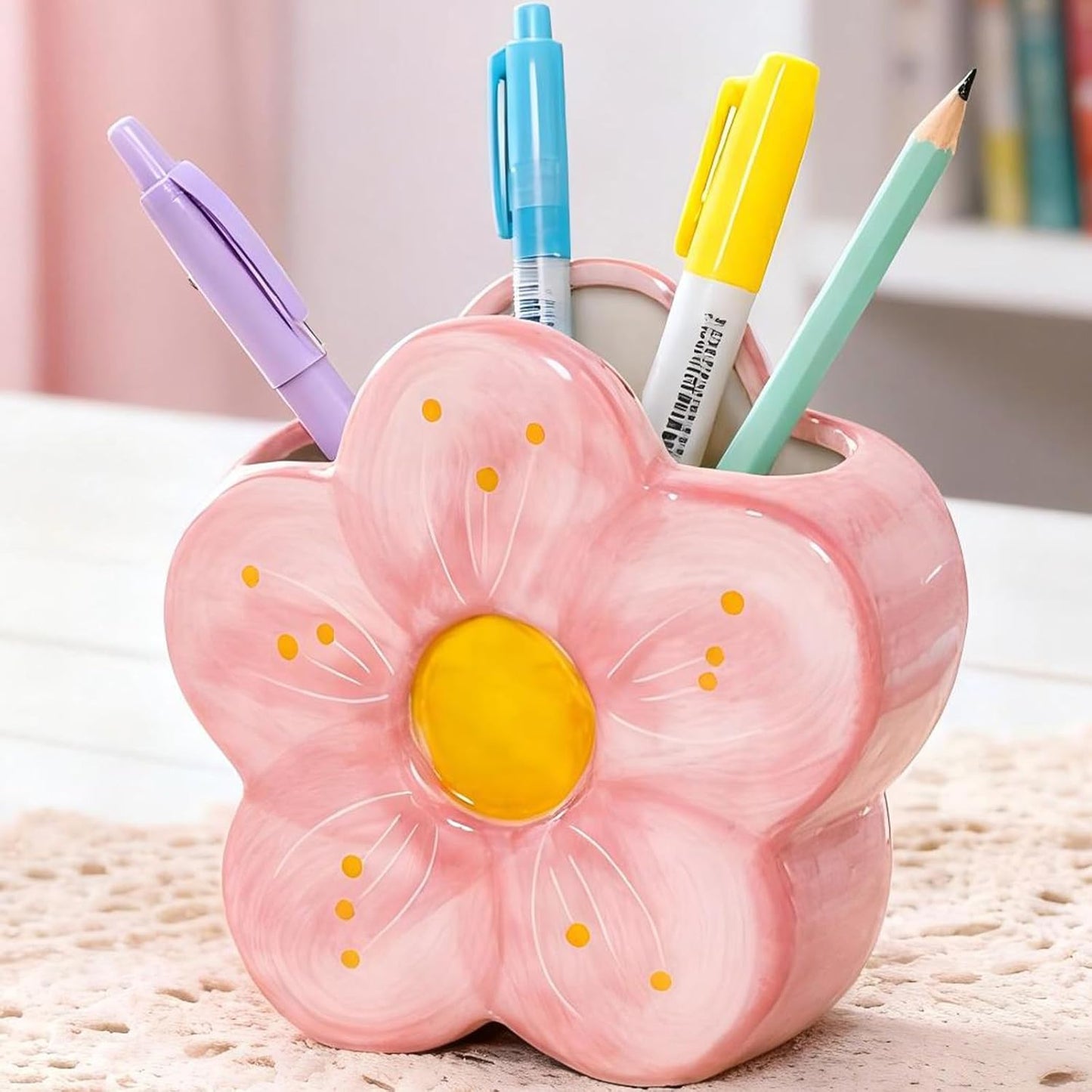 Pink Pencil Holder Pen Holder Office Desk Accessories Aesthetic Cute Flower Home Decor Makeup Brush Holder Vase Birthday Gifts for Women Vanity Toothbrush Holder Kawaii Kitchen Utensil Holder