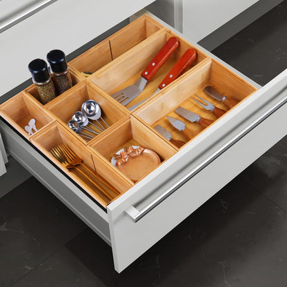 Bamboo Drawer Organizer,5 PCS White Bathroom Tray&Desk Organizers and Storage,Cabinet Divider With Removable Silverware Organization for Kitchen,Utensils,Junk,Office,Makeup