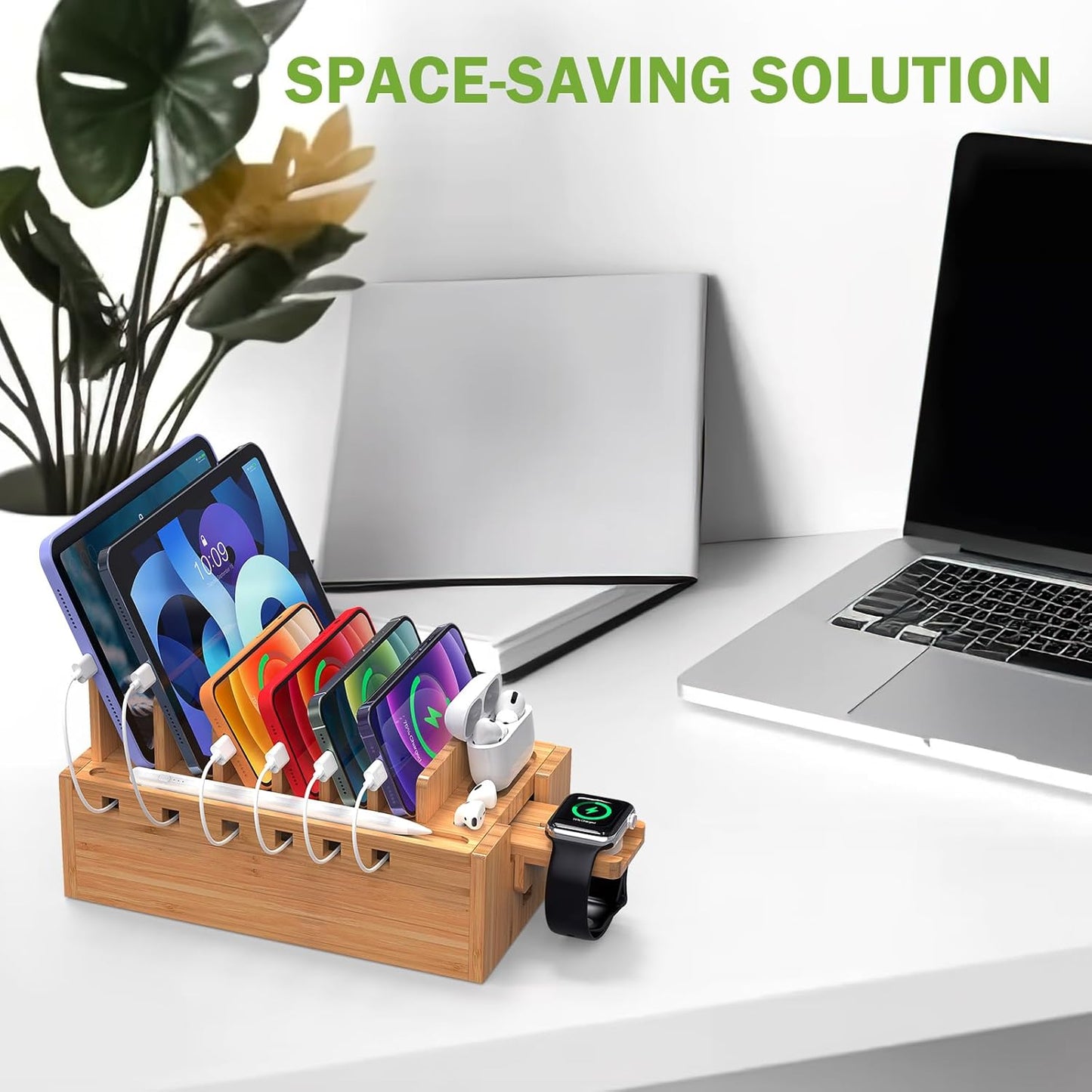 Pezin & Hulin Bamboo Charging Station for Multiple Devices with 5 Port USB Charger, 5 Cables and Watch Stand. Wood Desktop Docking Stations Organizer for Cell Phone, Tablet, Watch, Office Accessories