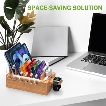 Pezin & Hulin Bamboo Charging Station for Multiple Devices with 5 Port USB Charger, 5 Cables and Watch Stand. Wood Desktop Docking Stations Organizer for Cell Phone, Tablet, Watch, Office Accessories