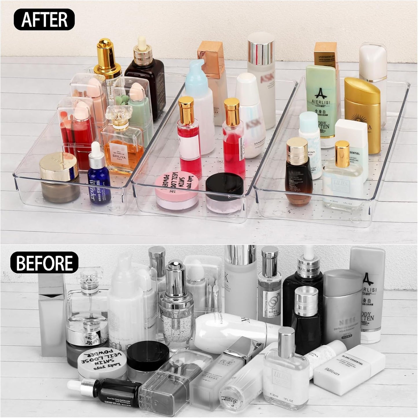 Ohlove 6 Pcs Large Clear Plastic Drawer Organizers Tray 15" x 6.3" Storage Bins with 25 Pcs Non-Slip Pads for Makeup, Jewelries, Kitchen Utensils, Bathroom and Office