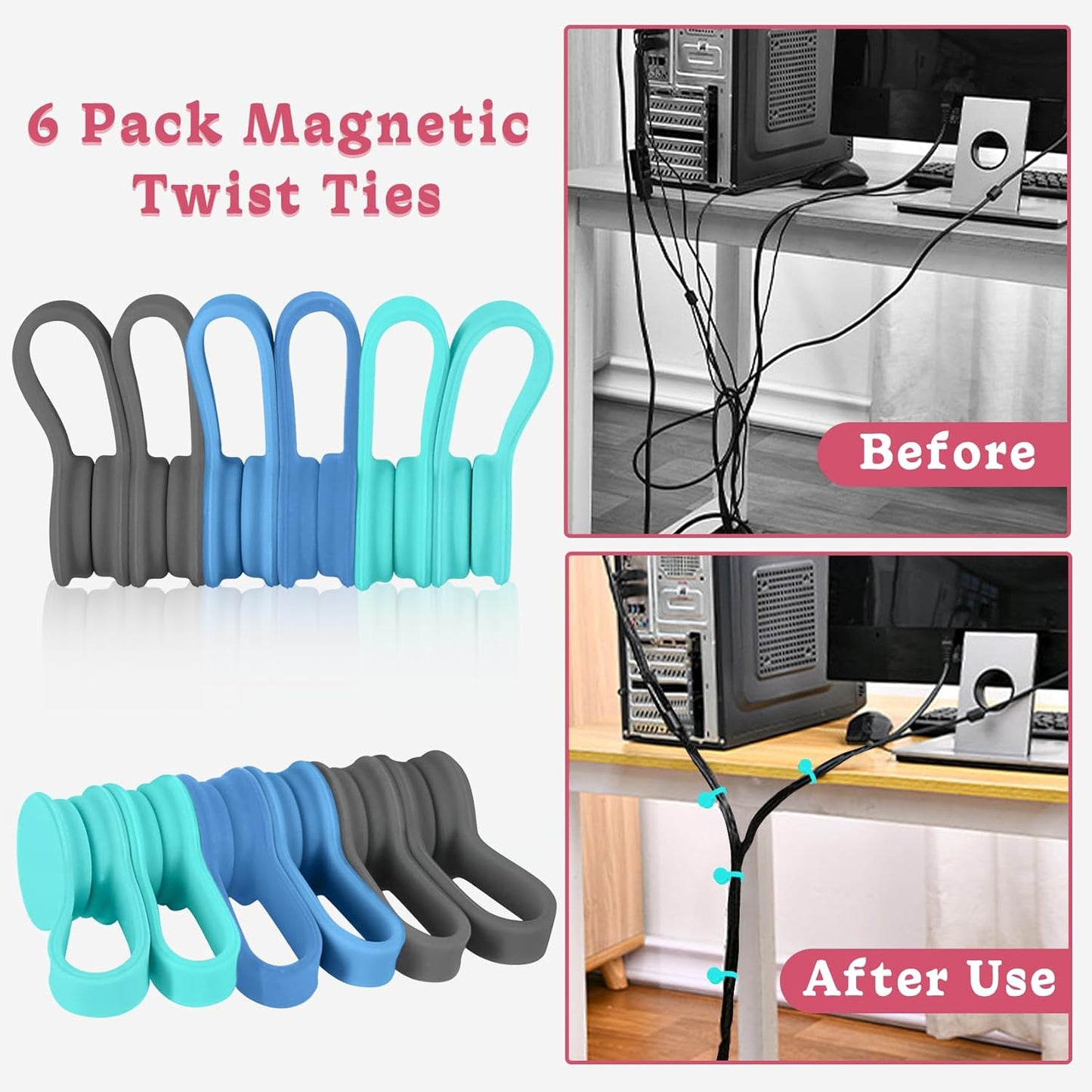 Viaky 6 Packs Magnet Wire Winder Straps, Multi-Colored Noticeboard Fridge Clips Silicone Cable Organizer Reusable Tie Phone Earbuds Bookmark Whiteboard Fridge (Lake Blue, Blue, Gray)