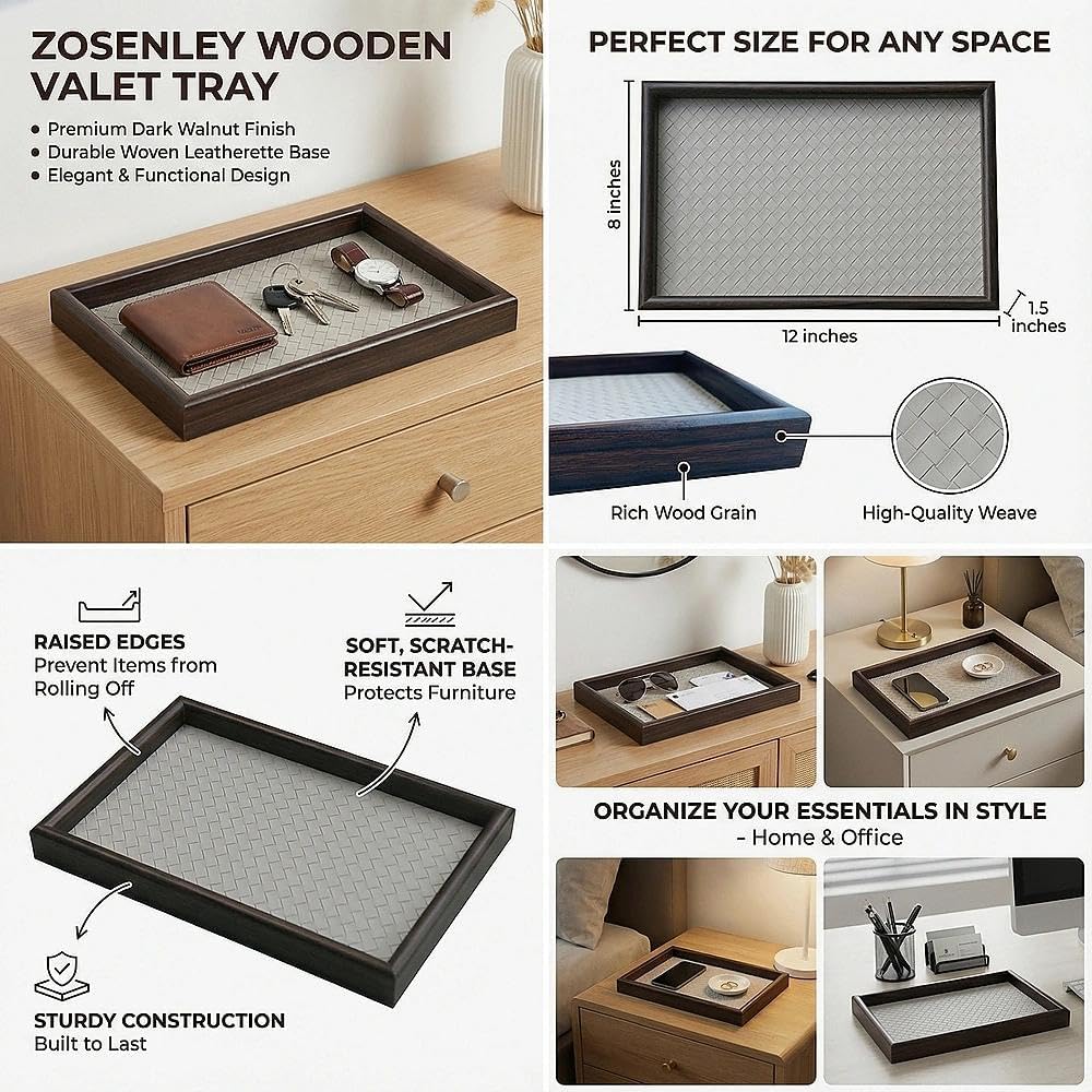 Zosenley Wooden Valet Tray with Leather Base - Nightstand Catchall Organizer for Cologne, Perfume, Keys, Wallet, Phone, Watch, Jewelry & Sunglasses (Black)