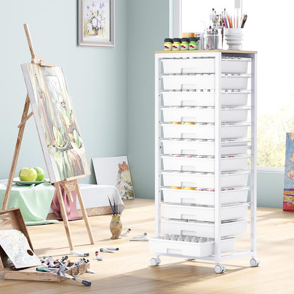 SYKIARIOL Rolling Storage Utility Cart with 6 Drawers and Wooden Tabletop for Under Desk Storage,White