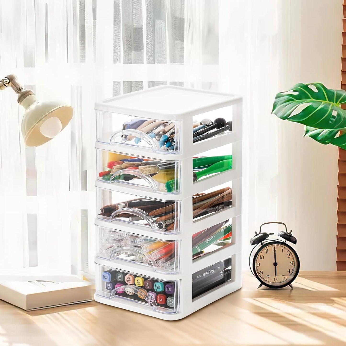 Hedume Desktop Drawer, Clear 5 Drawer Desktop Storage Unit, White Frame with Clear Drawers, Drawer Unit
