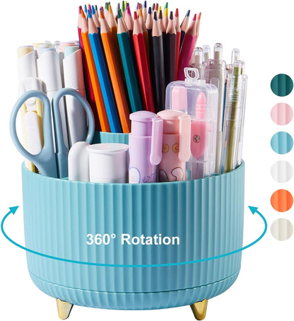 Desk Pencil Pen Holder, 5 Slots 360 Degree Rotating Pencil Pen Organizers for Desk Desktop Storage Stationery Supplies Organizer Cute Pen Cup for Office School Home Art Supply Cream Yellow