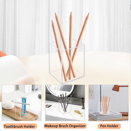 Ptaedex 2 Pack Acrylic Pen Pencil Holder, Black Makeup Brush Holder Cup Storage Office Desktop Desk Table Stationery Organizer