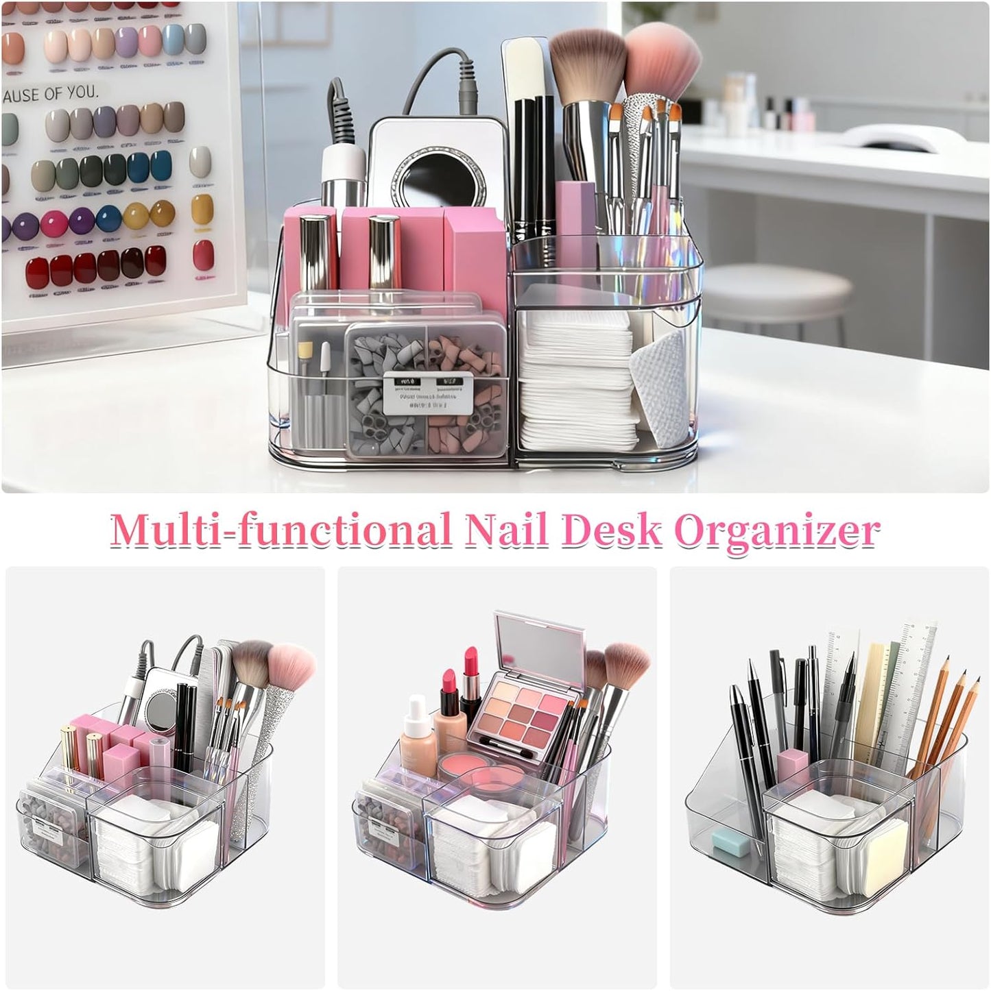BQAN Transparent Acrylic Nail Desk Organizer with Spinning Drawer, Drill & Brush Holder, Desktop Manicure Tool Storage for Nail Techs, Makeup, Skin Care (Black) - Professional Salon or Home Use