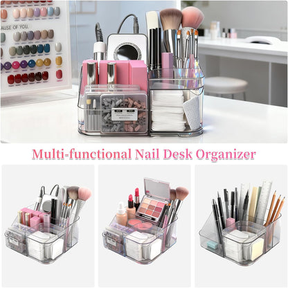 BQAN Transparent Acrylic Nail Desk Organizer with Spinning Drawer, Drill & Brush Holder, Desktop Manicure Tool Storage for Nail Techs, Makeup, Skin Care (Black) - Professional Salon or Home Use