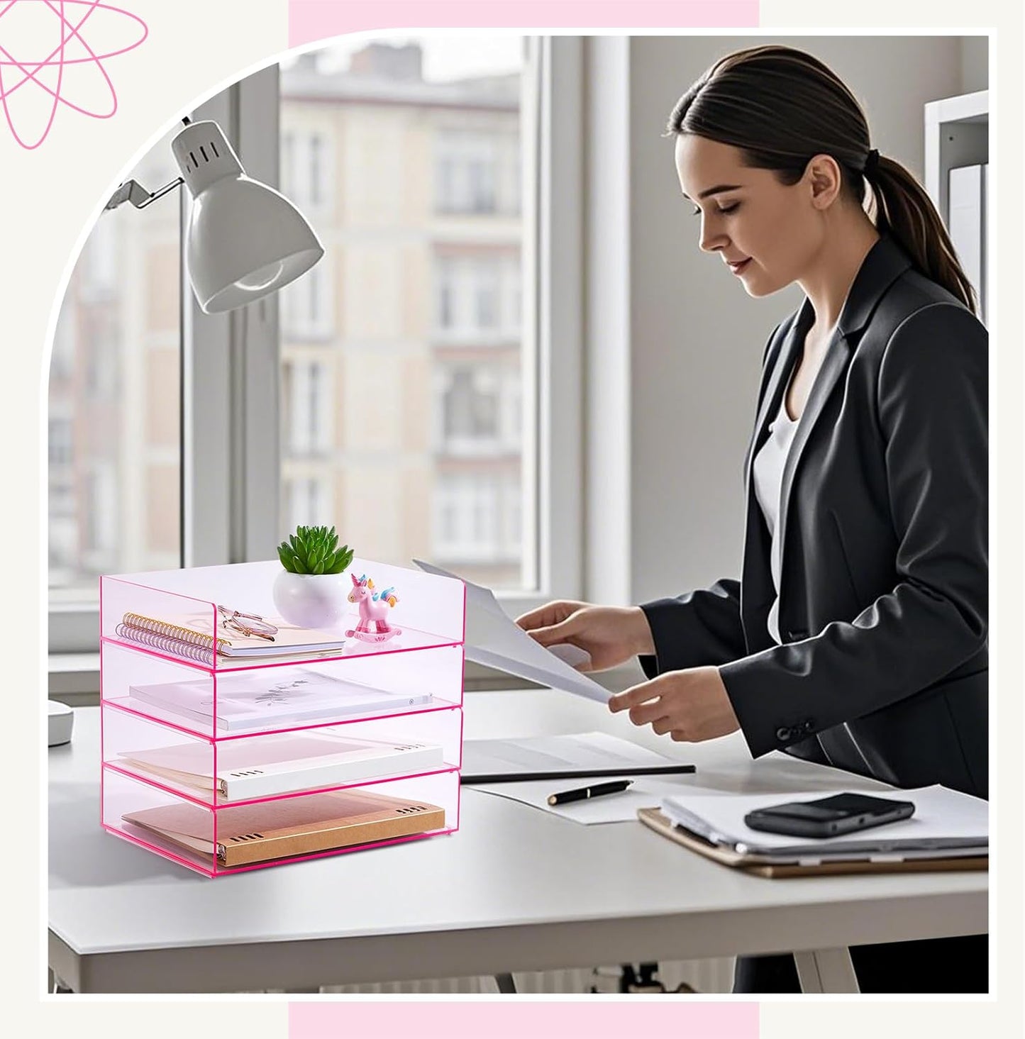 Harloon 4 Tier Paper Organizer Letter Tray Acrylic Desk File Organizer Heavy Duty Stackable Documents Clear Letter Paper Holder Sorter Office Tray for A4, Office Classroom Home File Pad Notebooks