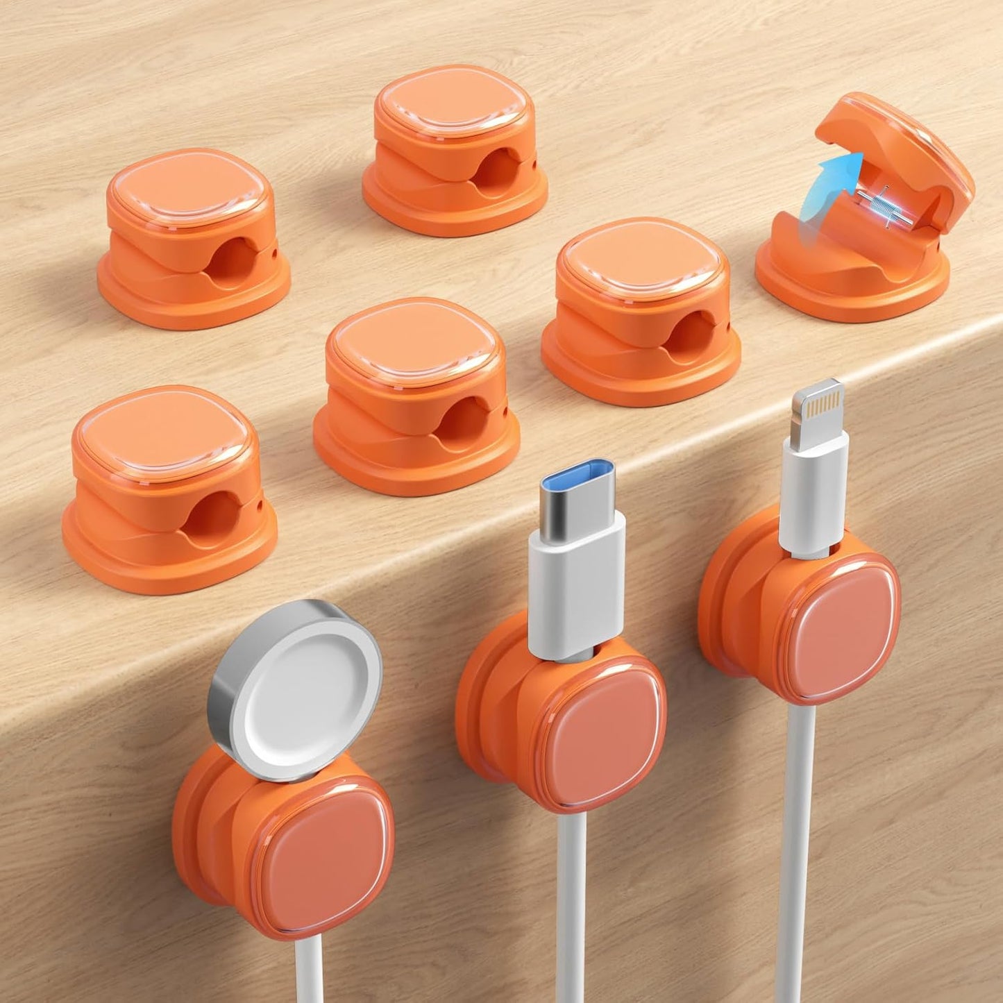 9 Pack Cord Organizer, Spring Cable Management, Adhesive Cute Cable Holder Clips, Phone Charger Wire Keeper for Desk Nightstand Car Office (9-Pack White_Orange_Blue)