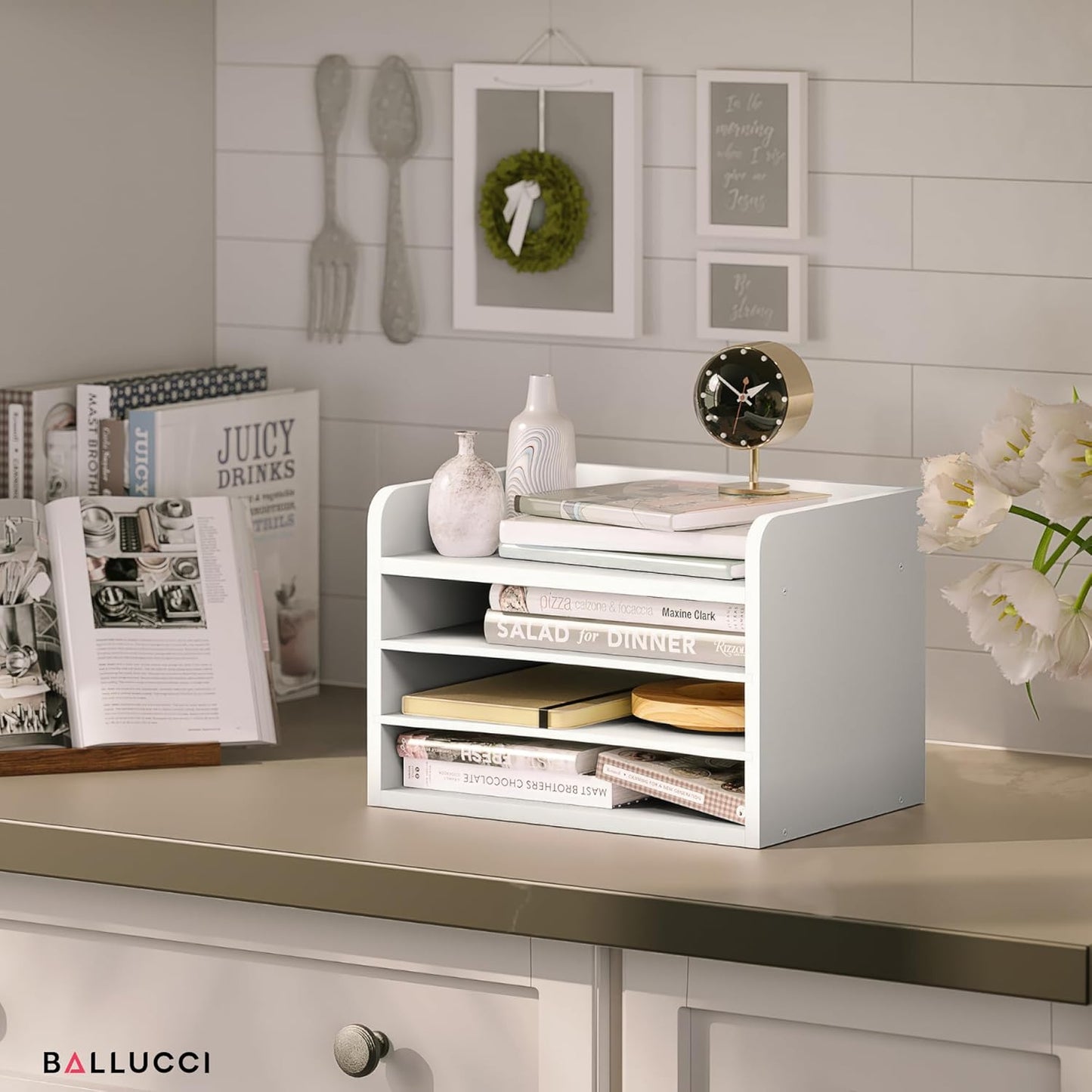 Ballucci 4-Tier Paper Organizer for Desk, Stackable Organizer Tray, Desk Storage Shelves, Stacking Letter Paper Tray Sorter for Classroom, Office, White