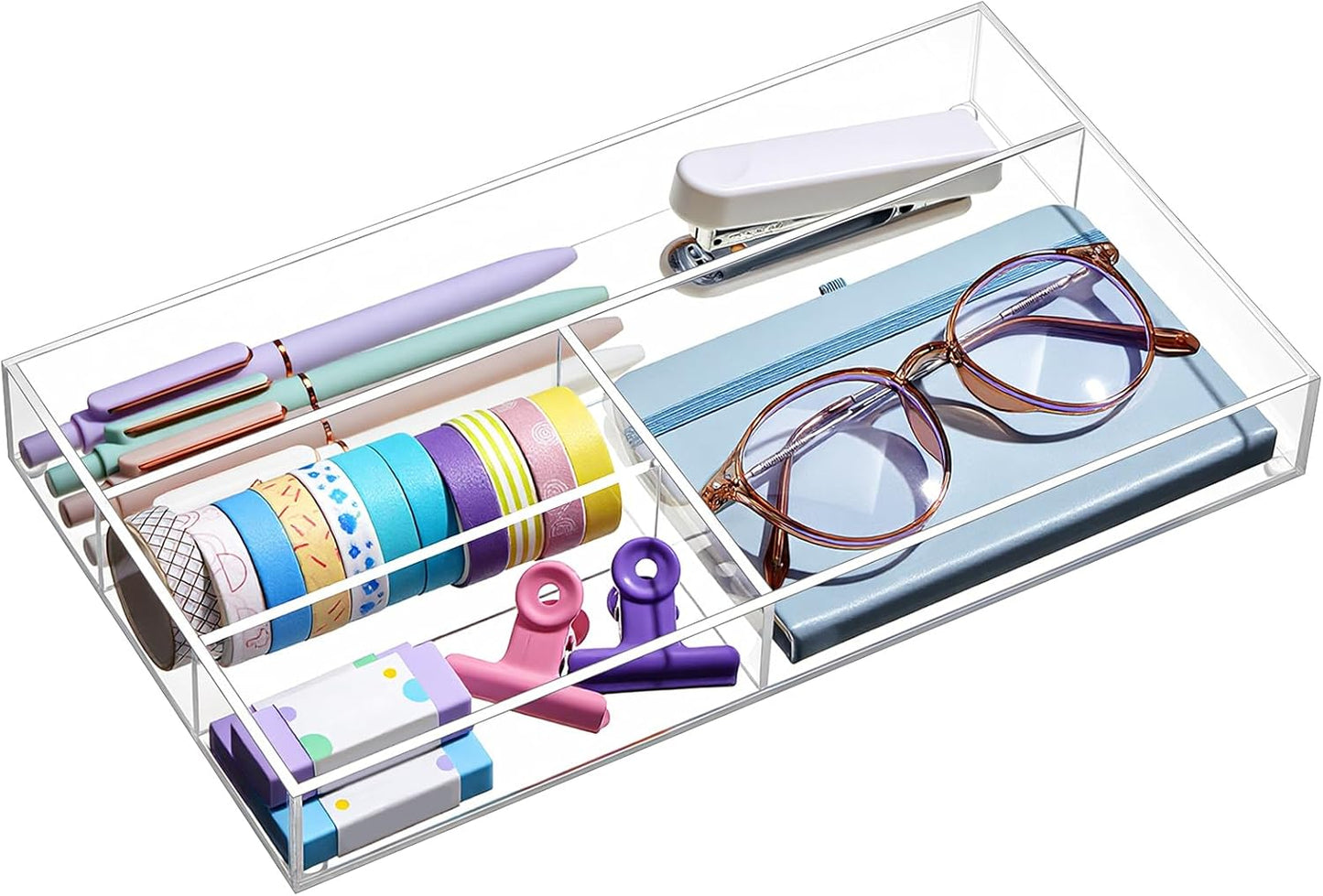 Briwooody Clear Acrylic Desk Drawer Organizer 11 x 6.1 x 1.38 Inch Storage Tray Organizer for Pens, Stationery, Desktop, Office, Bathroom, Kitchen, Makeup Supplies (6 Compartments)