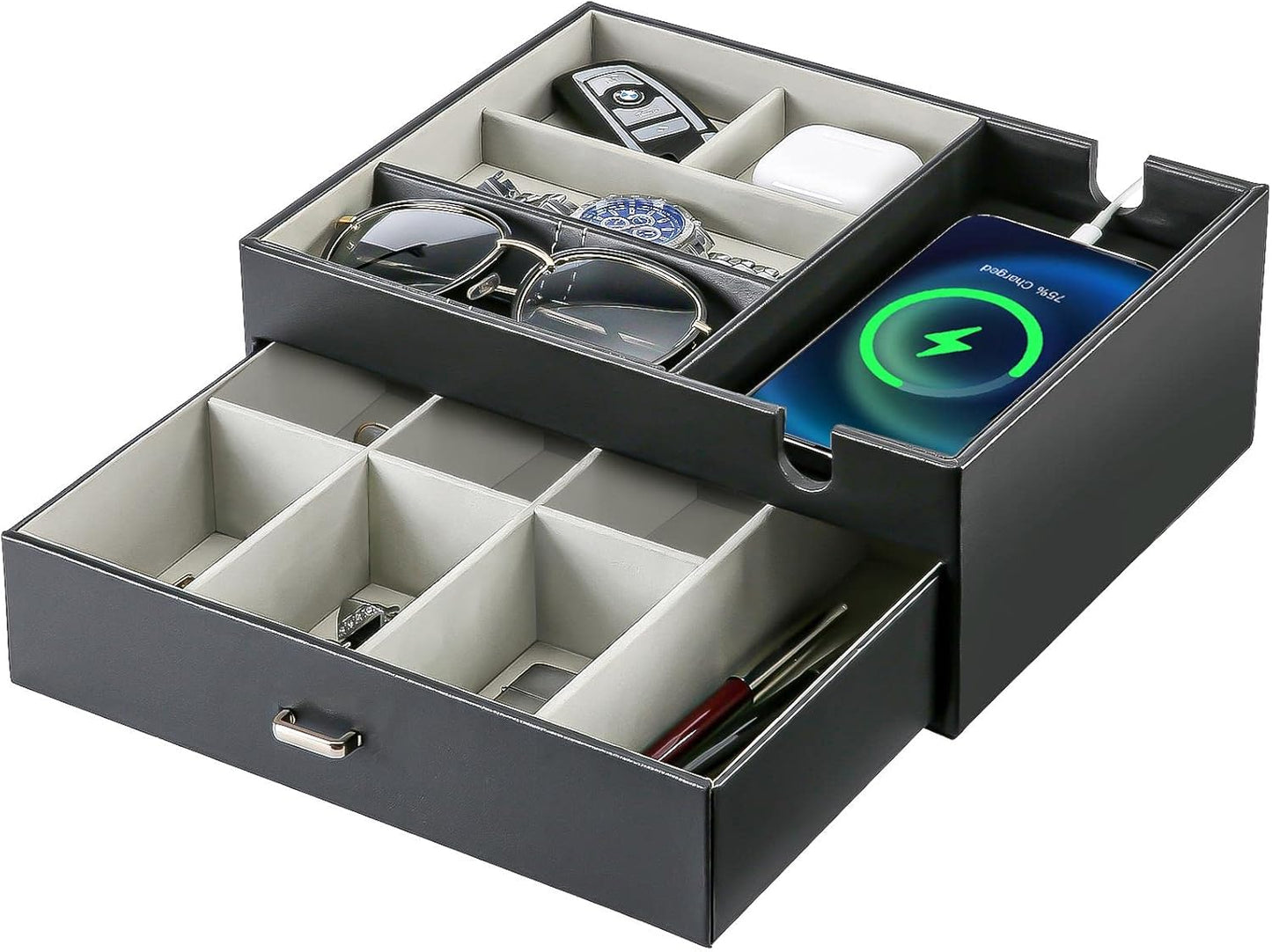 ProCase 2 Layers Valet Tray Gift for Men, Nightstand Organizer EDC Dump Catchall Trays with Phone Charging Station, Dresser Top Table Beside Entryway Storage Box -Black