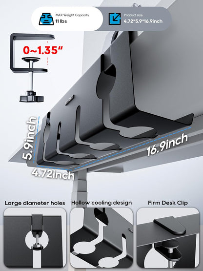 NODOCA No Drill Under Desk Cable Management Tray, 14'' Wire Management, Punch-Free Clamp on, Metal Cable Tray, Wire Organizer Under Desk, Under Desk Basket for Office and Home, Black
