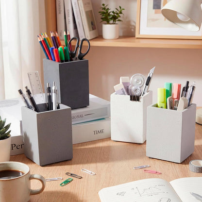 Henoyso 4 Pcs Concrete Pen Holder for Desk Modern Aesthetic Desktop Pencil Cup with Non-slip Dots Gray-tone Pencil Holder for Desk Organizer Office Supplies Stylish Office Decoration