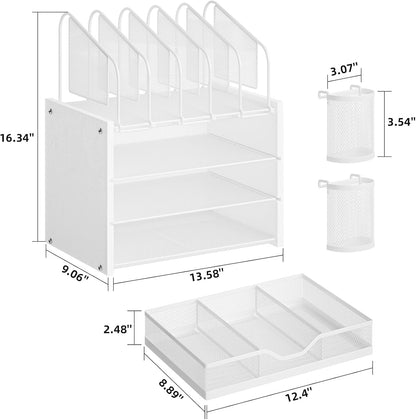 Marbrasse Desk Organizer with Drawer, 4-Tier Mesh File Organizer with 5 Vertical File Holders and 2 Pen Holders, Multifunction Desktop Organizer,Desk Organizers and Accessories for Home Office
