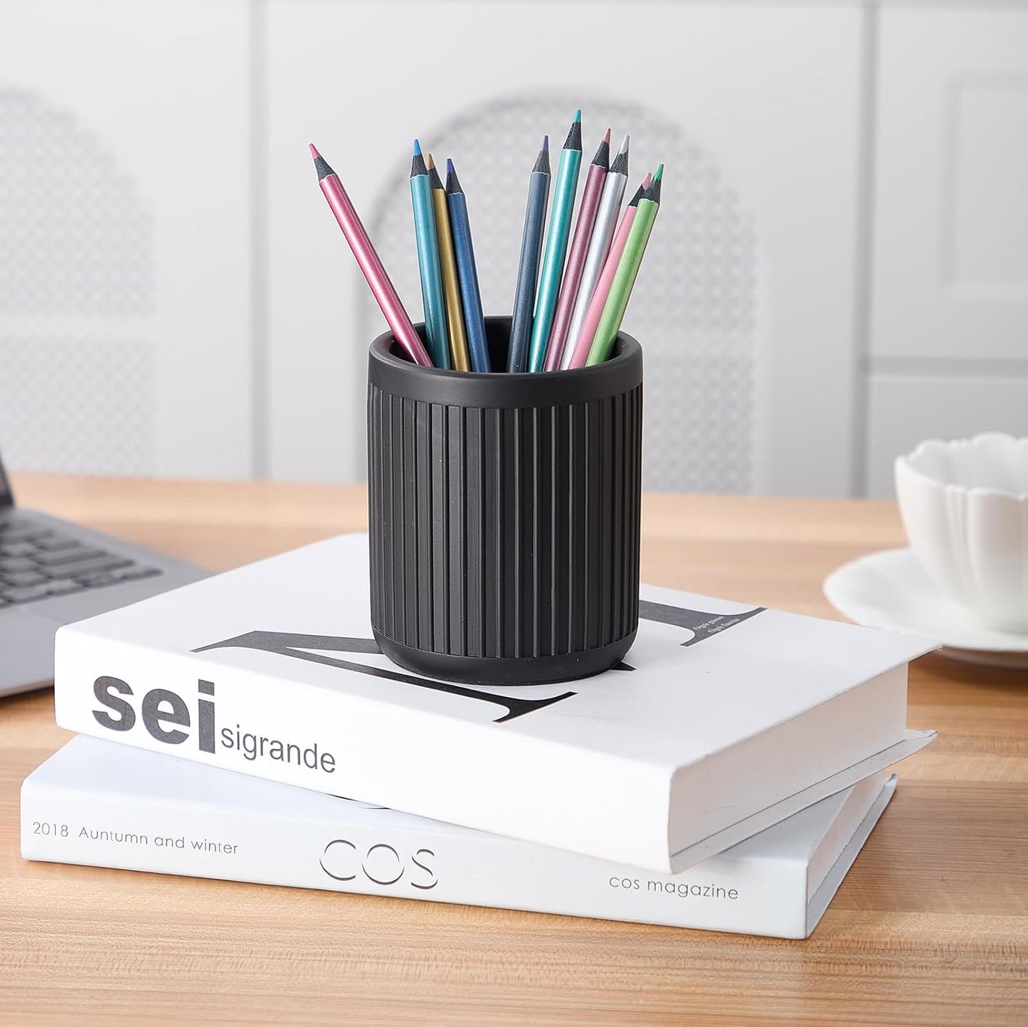 Aotea Crafts - Concrete Modern Industrial Pen Holder for Desk - Aesthetic Minimalist Charcoal Black Pencil Holder for Desk- Handcrafted Cement Fluted Pen Cup Organizer - Sealed & Durable