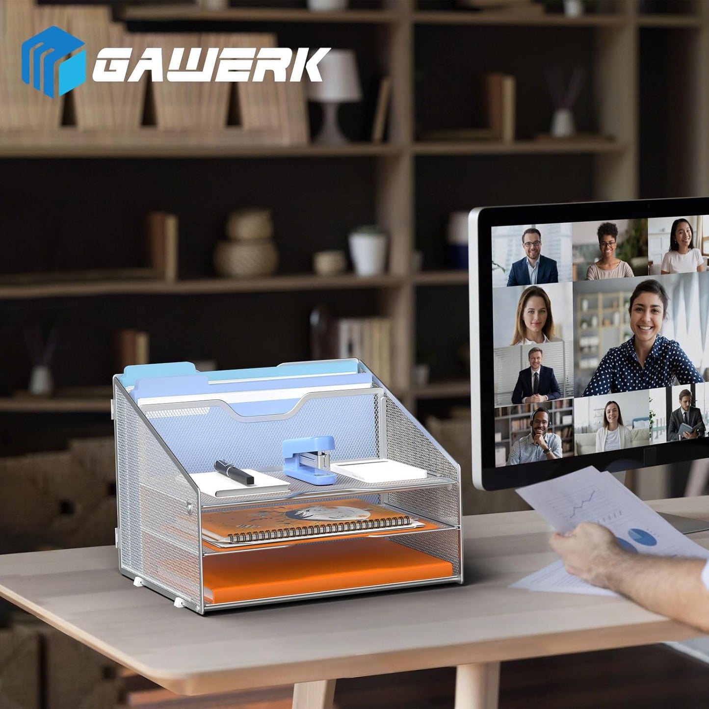 GAWERK Letter Tray Organizer, Mesh Desk File Organizer with 3 Paper Trays and 2 Vertical Upright Section, Blank