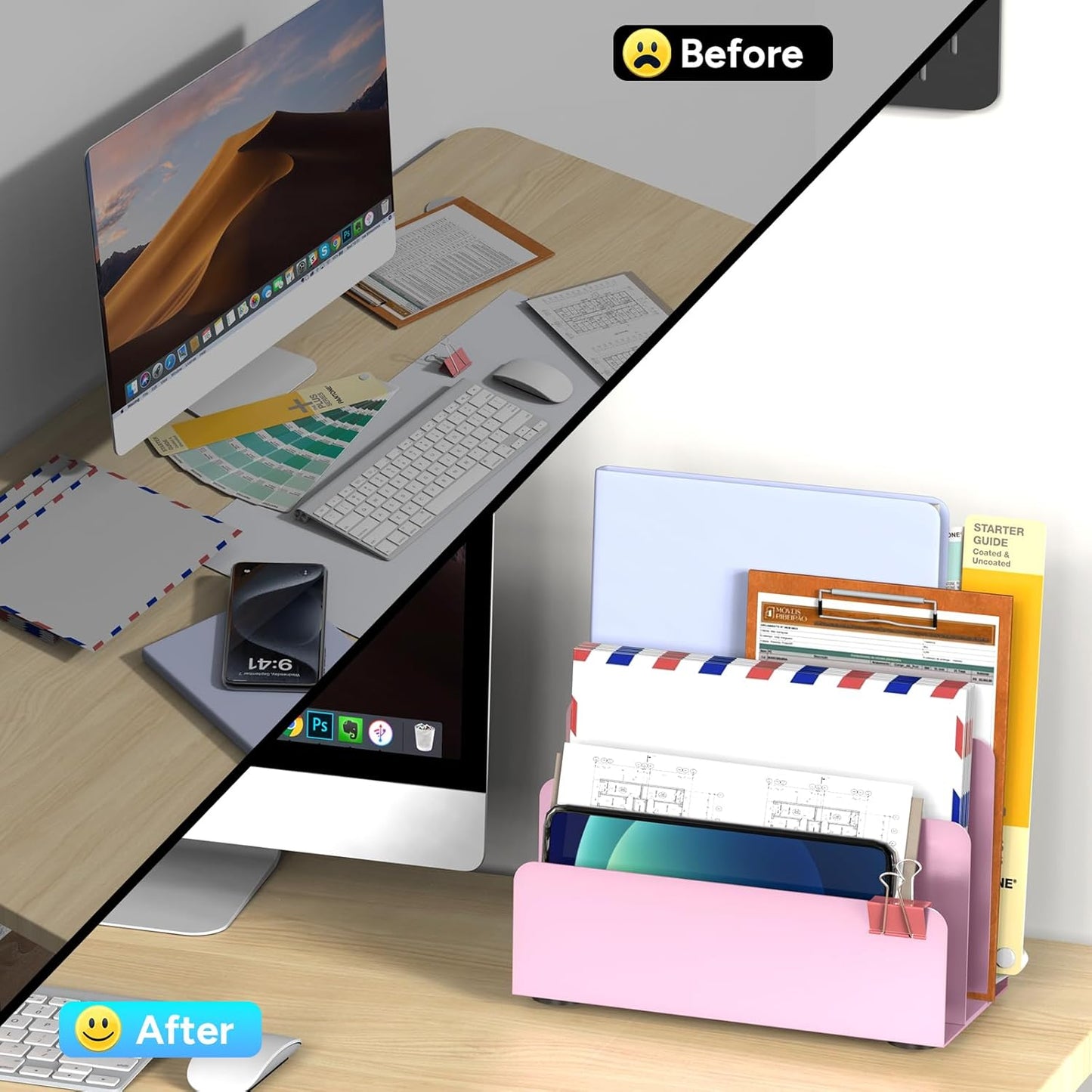 Mail Organizer Countertop, Small Desk File Organizer, Metal File Holder - Essential Workspace Organizers for Office Desk, Home Office (Black)