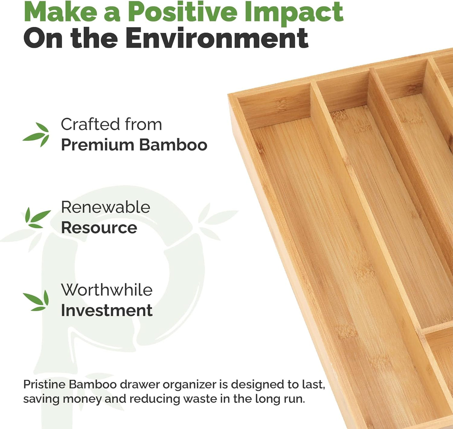 Pristine Bamboo Expandable Drawer Organizers for Kitchen - Extra Deep Non-Slip 17” x 14.6” (expands up to 25 inches) - Dark Wooden Silverware Divider (10 Compartments) – Organize Cooking Utensils