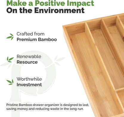 Pristine Bamboo Expandable Drawer Organizers for Kitchen - Extra Deep Non-Slip 17” x 14.6” (expands up to 25 inches) - Dark Wooden Silverware Divider (10 Compartments) – Organize Cooking Utensils