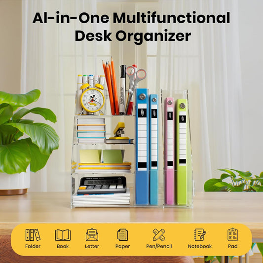 BONIER Acrylic Desk Organizer, 4-Tier Paper Tray and Mail Sorter, 2-Tier Magazine Rack, Document Storage and Accessories Holder for Home, Office, and Classroom Use