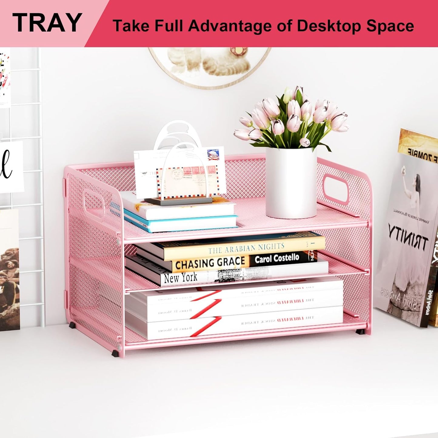 3 Tier Paper Letter Tray Organizer for Desk, Mesh File Folder Document Organizer with Handle for Home Office Supplies Desktop Accessories, Black