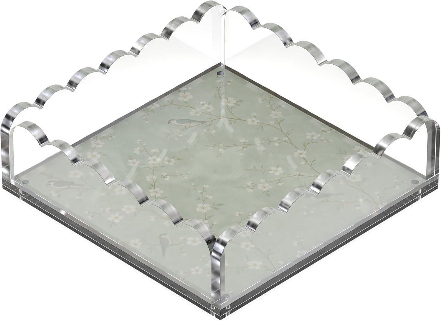 GRAHAM DESIGN 8x8 Scalloped Acrylic Tray with Magnetic Mat – Clear Decorative Photo Display Tray & Jewelry Organizer, Anti-Slip Vanity Tray for Home Office Desk Decor, Modern Gift